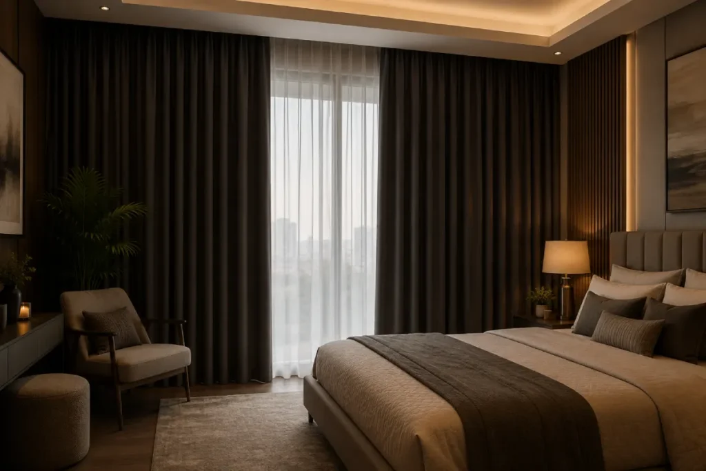 Blackout curtains for a cozy bedroom with layered sheer curtains for privacy and light control