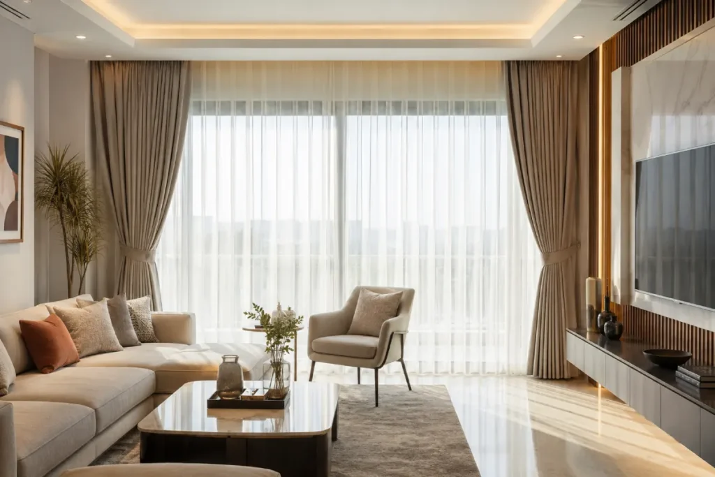Sheer curtains for a bright modern living room with layered curtains in Bangalore home